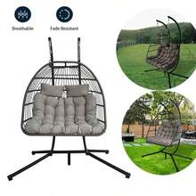 Double Seats Foldable Rattan Swing Chair Hammock With Stand Hanging Garden Patio Weather-Resistant Patio Outdoor - Grey - View 8
