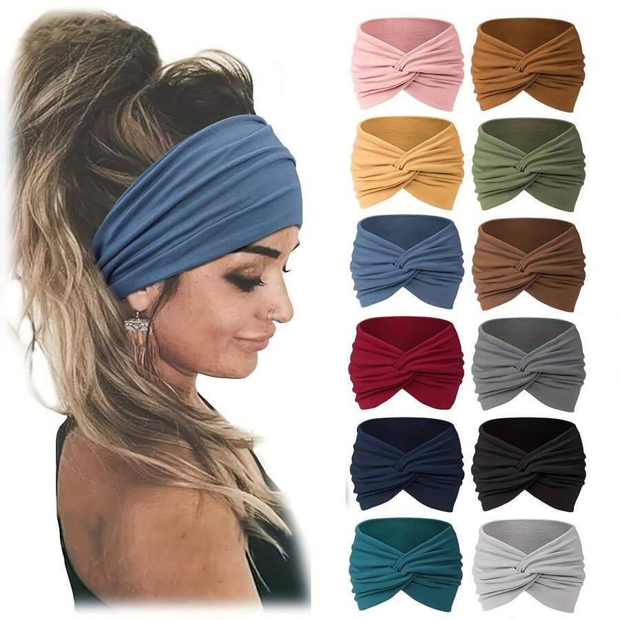 12条波西米亚风防滑宽发带，适合瑜伽、跑步、健身和日常佩戴 - 多色发圈，适合普通发质，12条运动造型两用超值装女士发带发夹发饰女士头巾运动吸汗带 - 多色 - 查看 1