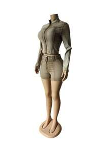 Denim Two-Piece Long-Sleeve Zip-Up Belted Bodycon Shorts Set Spring Summer Valentine's Day Outfit Trajes Elegantes De Mujer Spring Break Outfits - Màu Khaki - Xem 4