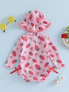 Toddler Girl Strawberry Swimsuits Watermelon Peach Rash Guard Infant Baby Bow Print Long Sleeve Ruffled Bathing Suit With Swim Hat - Pink - View 4