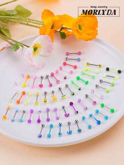 Morlyda Set de 6 a 12 piezas Anillos de lengua lindos y dulces con diseños de color degradado acrílico, 14G Pendientes de lengua de acero inoxidable rosa, joyas de lengua con diseños de calavera, corazón, estrella, cruz, cabra, para mujeres y niñas como regalo de San Valentín, Navidad, fiesta, vacaciones, uso diario, joyería corporal para verano, boda, fiesta, cumpleaños, combinación diaria, buen regalo para amigos