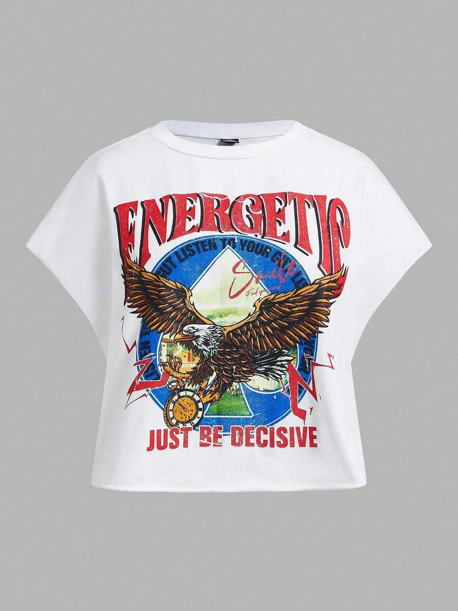 Wear Plus Size Knit Short Sleeve T-Shirt With Eagle Letter Print - trắng - Xem 1