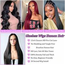 13x4高清蕾丝免胶假发,真人发,180%密度,预拔毛预剪,蕾丝直发免胶假发,无胶蕾丝前闭合假发 - Natural Black - 查看 5