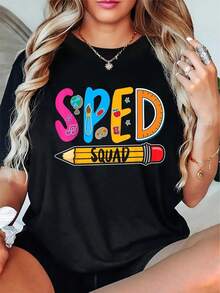 Plus Size Sped Squad Teacher T-Shirt Breathable Soft Short Sleeve Top Men And Women Perfect Gift Christmas Thanksgiving Birthdays Teacher Shirts Big Women Size L-3XL 4XL 5XL - 黑色 - 查看 1