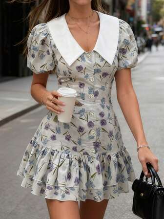 Women's Spring/Summer New Bohemian Elegant Fashion Casual Puff Sleeve Splice Collar Print Single-Breasted Metal Button Pleated Fitted Mini Dress, Women's Christmas Dress, New Year Dress, Elegant Party Dress, Women's Elegant Dress, Women's Casual Dress, Women's Winter Layered Dress, Comfortable Casual Dress, Printed Dress, Floral Dress, Valentine's Day Dress, Spring/Summer Apparel, Sexy Mini Dress