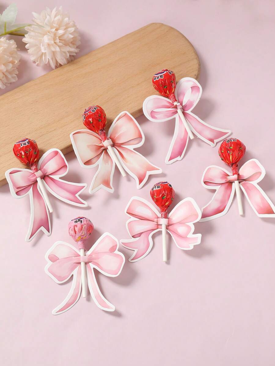 48张粉色蝴蝶结棒棒糖装饰卡，粉色生日派对装饰，纸质棒棒糖收纳卡，趣味糖果收纳卡，简易DIY糖果装饰，性别揭晓派对装饰，一周岁生日装饰，迎婴派对装饰，婚礼装饰，女宝宝生日派对装饰，蝴蝶结生日装饰
