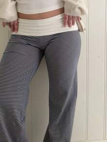 Women's Fold Over Lounge Pants Low Rise Wide Leg Yoga Sweatpants Stretchy Bell Bottoms Leggings Roll Over Pants - 黑色 - 查看 3