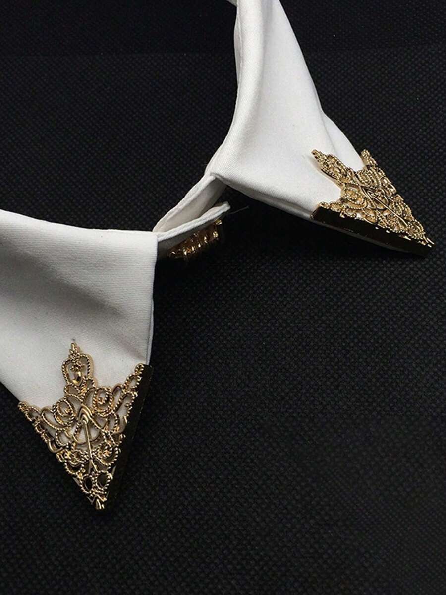 2pcs Vintage Men's Suit Shirt Accessories, Hollow Out Floral Pattern Triangle Collar Clip And Pin - 彩色 - 查看 1