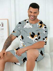 加大码男士睡衣套装 | 圆领短袖上衣搭配松紧腰休闲短裤两件套 | 涤纶针织面料，柔软透气，宽松版型 | 可爱小狗印花休闲设计 - 彩色 - 查看 6
