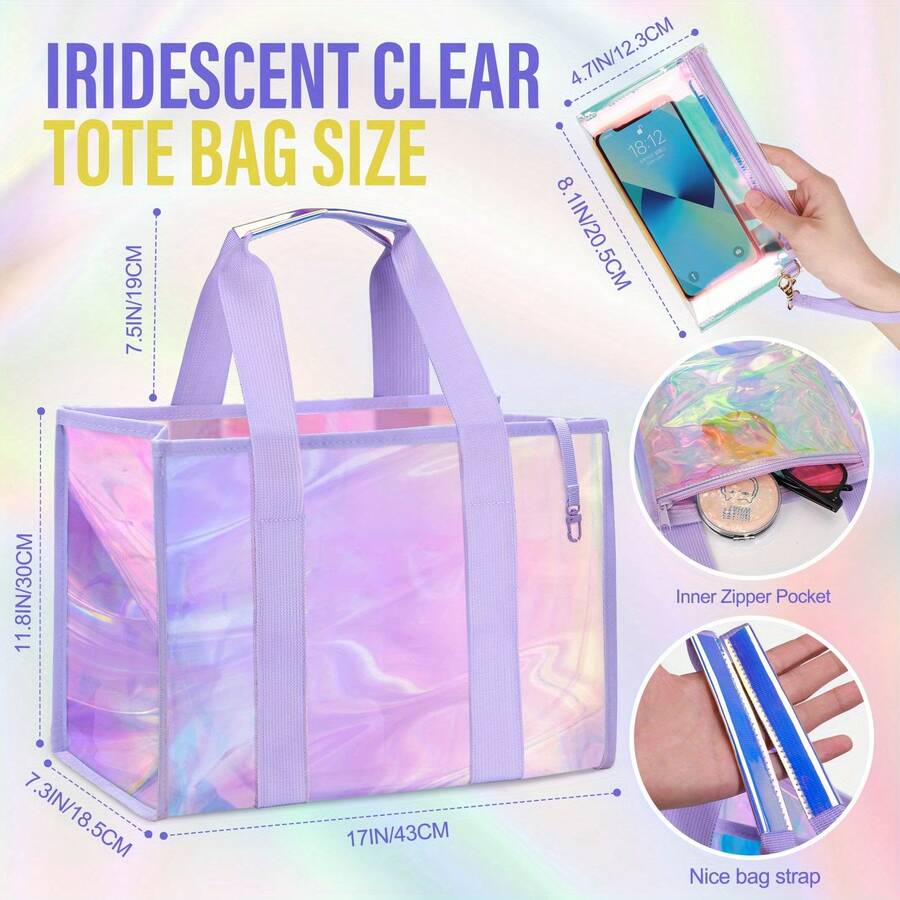 Large Beach Tote Bag For Women 26L Waterproof Sandproof Beach Bag With Zipper Pouch, Jacquard Strap Iridescent Clear Tote Bag For Vacation, Holiday, Beach, Swimming, Pool, Cruise, Boat Bag, Perfect For Beach Vacation, Shopping, And Vacation Essentials - Mauve Purple - View 1