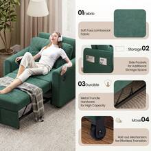 3 In 1 Convertible Single Sofa Bed With Adjustable Backrest, Pull Out Linen Single Sleeper Chair Bed With Pockets For Living Room, Micro Suede Fabric, Green - Green - Single - View 3