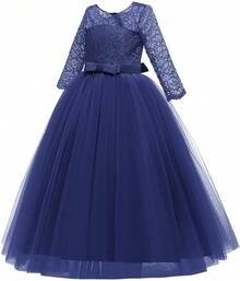 Girls Vintage Floral Lace 3/4 Sleeve Floor Length Dress - Wedding Pageant Formal Evening Gown - 藏蓝色 - 查看 5