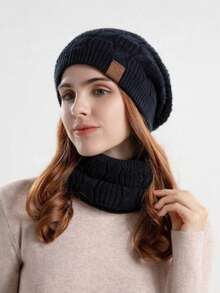 1 Conjunto Gorro de Lã Mista Trançado e Cachecol 2 Peças para Mulheres, Gorro Folgado Tricotado Grosso e Quente para Uso Diário no Inverno - Preto - Visão 3