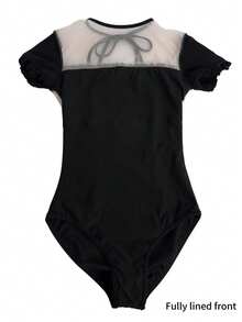 Daydance1 女士芭蕾舞紧身衣，后背系带泡泡袖舞蹈紧身衣，成人网纱拼接体操露背连体衣芭蕾舞服 - 黑色 - 查看 6