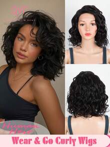 QVR QUEEN VIRGIN REMY QVR 100% Human Hair Curly Wavy Lace Front Bobo Wig, Side Part, Pre-Plucked, 150% Density, Transparent Lace Front Bobo Wig, Deep Lace Parting, Gift For Family And Friends, Gift For Mom - S1 - View 7