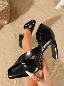 On feet& in love Women's Fashion Elegant Square Toe Asymmetric Chunky Heel Sandals