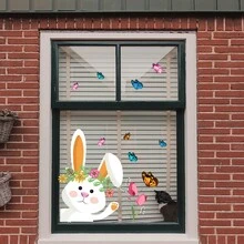 1张27*30厘米复活节兔子和蝴蝶装饰贴纸，静电吸附式窗户玻璃贴纸，双面可见装饰，可移除墙贴