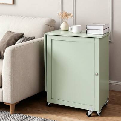 Folding Sewing Table, Multipurpose Sewing Machine Table With Compact Design, Wheels, Wooden Pegs, Storage Trays And Shelf, Magnetic Door Lock, Craft Station And Side Desk For Home, Light Green