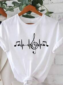 Fashionable Women's T-Shirt With Letter Cartoon Print, Round Neck, Simple Design, Comfortable And Breathable, Versatile, Ideal For Everyday Leisure, Shows A Natural And Elegant Style, A Must-Have For Summer. - 白色 - 查看 8