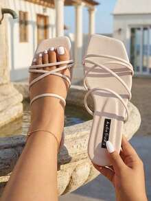 planare Ladies' Fashionable Casual Vacation Style Square Toe PU Slip-On Sandals With Open Toe And Comfortable Wide Width Design, Beige - Beige - View 5