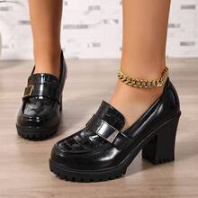 Women's Rhombus Pattern Preppy Style Casual PU Leather Buckle High Heel Pumps, Black Chunky Heel Office Shoes For Spring & Autumn - Black - View 1