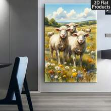 1pc Pastoral Sheep Canvas Wall Art, Rustic Countryside Landscape Painting Print, Farmhouse Animal Decor For Living Room, Bedroom & Office, Stretched Gallery Wrapped Artwork, Nature Scenery Framed Ready To Hang Poster. - 彩色 - 查看 3