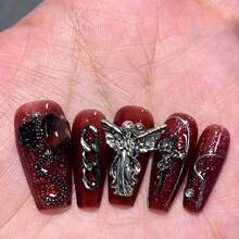 10 Pieces Of Hand Pressed Nail Art, Spring/Summer Nail Polish, Fake Nails, DIY, Dark Nipples And Cross Nail Accessories Red Nails For Girls, Ladies To Use In Weddings, Stages, Proms, Parties, Holidays, Vacation Scenes - SJ0363-S - 查看 3