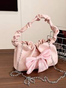 Bow Decor Pleated Chain Shoulder Bag - Pink - View 5