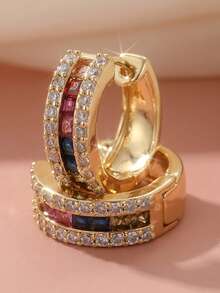 Luxury Elegant Round Earrings With Colorful Square Synthetic Cubic Zirconia Pendants, Suitable For All Occasions, Perfect Holiday Gift - Gold - View 8