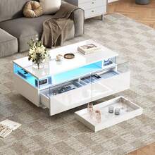 90 X 45 X 35.5 Cm Coffee Table With Tray, High-Gloss Coffee Table For The Living Room, Sofa Table With 2 Drawers, Load-Bearing Side Table Made Of Tempered Glass, Coffee Table With LED Light, White - White - View 12