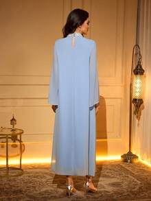 Solessence Elegant Long Sleeve Arabic Dress, Decorated With Pearl And 3D Rose Beaded Stand Collar, Woven Fabric - Sky Blue - View 2