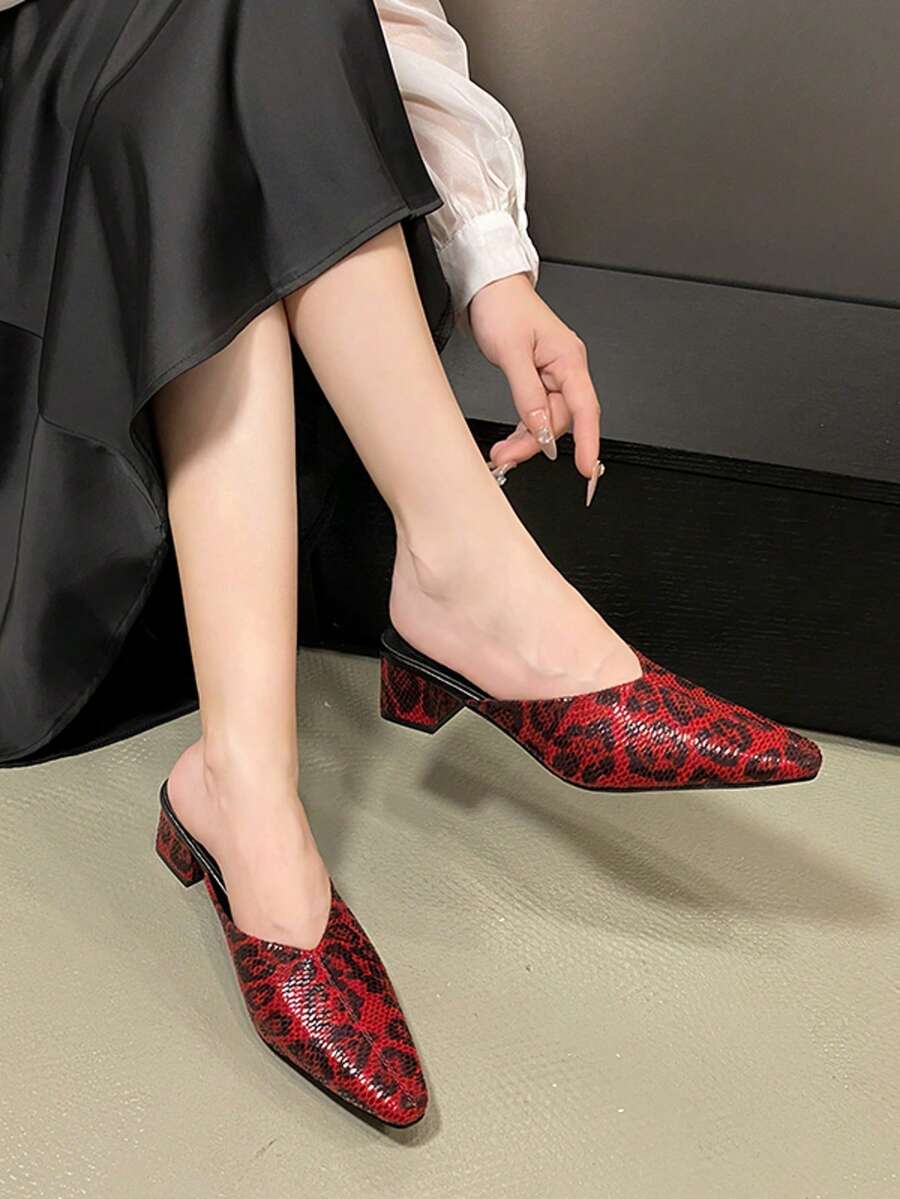 Women's Square Toe Slip-On Sandals, Burgundy Chunky Heel, Closed Toe Mules Slides Backless Loafers Suitable For Summer And Commuting - Burgundy - View 1