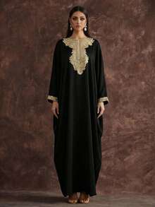 AmazingHoney 优雅奶油色卡夫坦长袍，饰有金色刺绣细节，蝙蝠袖，派对阿巴雅长袍，卡夫坦长袍，阿巴雅长袍（宽松版型 - 请查看尺码表） - 黑色 - 查看 8