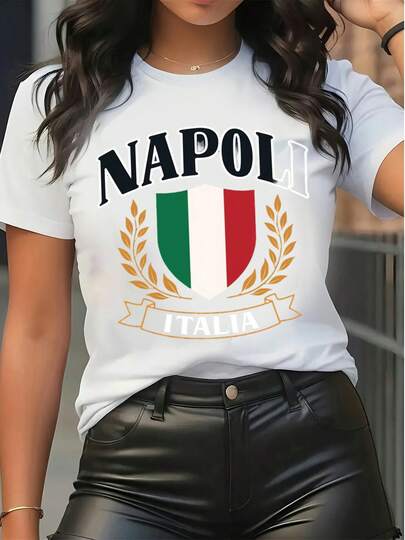 Women's Casual Short Sleeve T - Shirt With Italy Napoli Shield & Laurel Graphic Print, Crew Neck Loose Fit Tee Top For Daily Wear & Street Style