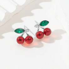 1对可爱樱桃耳环，甜美红色耳钉，学生饰品，女士日常休闲佩戴 - 銀色櫻桃 - 查看 4