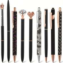 9pcs/Set Fashionable Black Shiny Crystal Ballpoint Pens With Black Ink Refills, Ideal For School, Home And Office, Great Gift For Educators, Suitable As Christmas Gift, Office Supplies, School Stationery - Black - View 9
