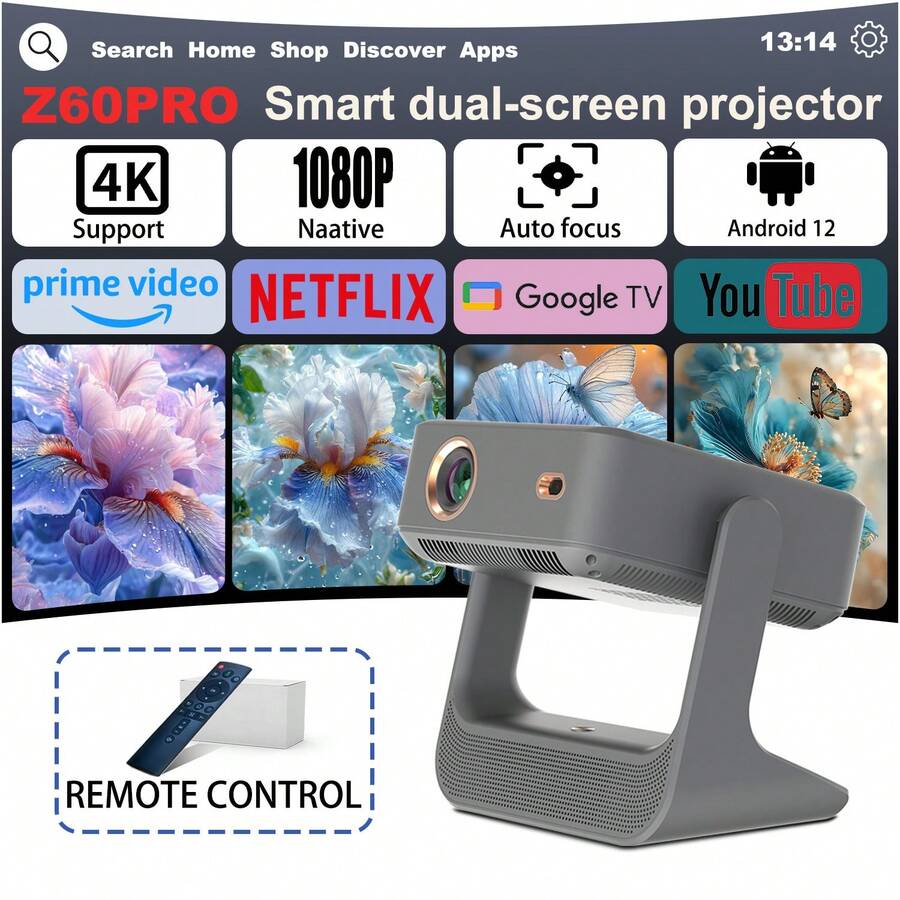 这款搭载安卓12系统的办公/视频投影仪配备8英寸触摸屏、Cloudai扬声器、WiFi 6、180°旋转、自动对焦和避障功能，亮度高达400流明，适用于家庭影院和游戏，外观时尚现代，并配备高品质镜头。 - 灰色 - 查看 1