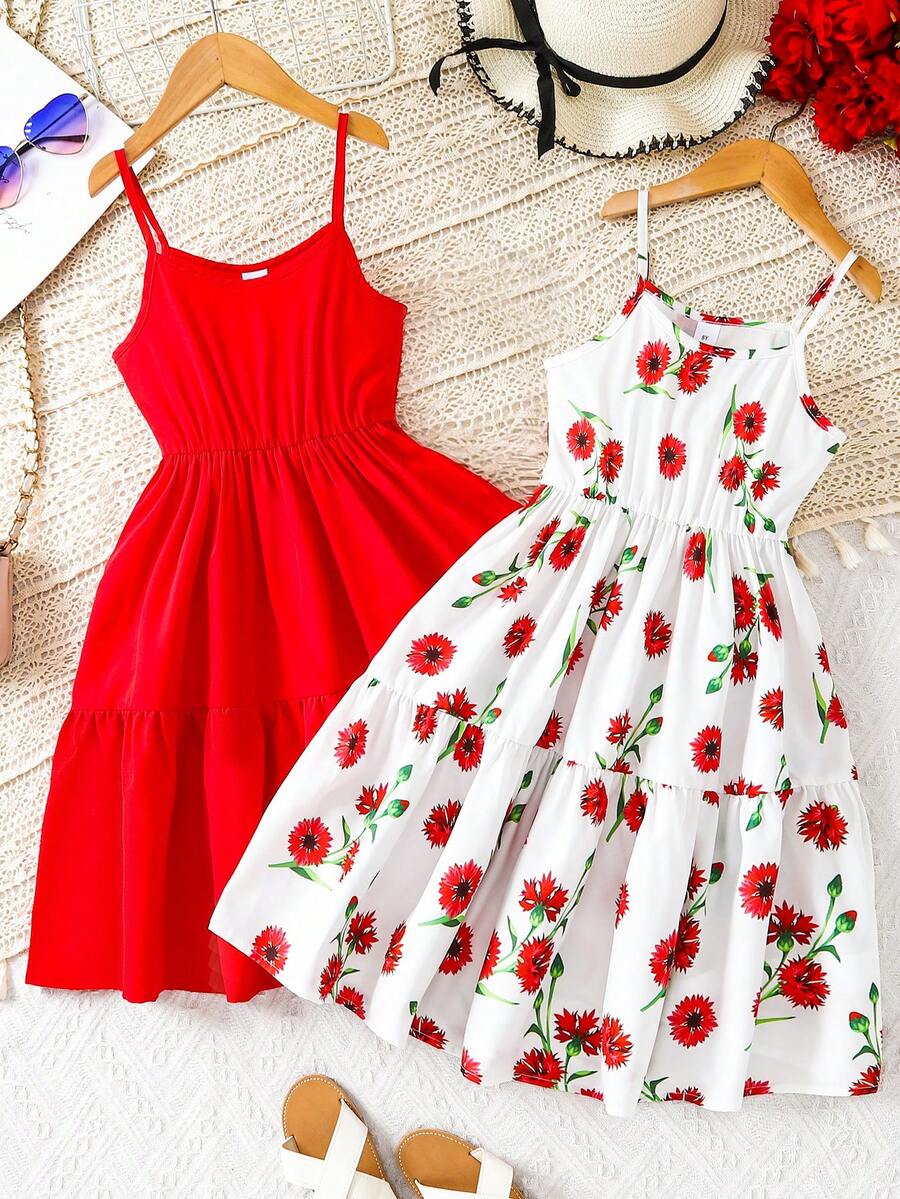 Set Gaun Suspender Puff Kasual Lucu & Elegan untuk Anak Perempuan Musim Semi/Panas, Warna Polos & Motif Bunga, Model 2 Potong - Merah - View 1
