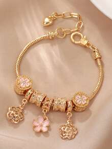 1PC Fashion DIY Bracelet With Four Leaf Clover Drip Oil Bead Charm Handpiece Pink Flower Large Hole Bead Lobster Buckle Bracelet - Gold - View 2