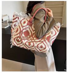 Large Capacity Tote Bag Simple Canvas Bag With Tassel Beach Bag - màu nâu - Xem 4