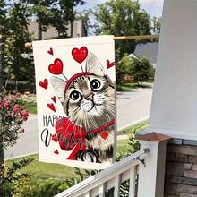 1pc Valentine's Day Cat Garden Flag. Cute Cat With Heart Design, Conveying Love. Made Of Polyester, Available In Multiple Sizes, Machine Washable, Durable, Suitable For Outdoor Use. Perfect For Everyday Decorations, Valentine's Day, Mother's Day, Independence Day, Halloween, Thanksgiving, And Christmas. Suitable For Various Room Types And Locations (Flagpole Not Included). - 30x45 cm / 12x18 in - Xem 6