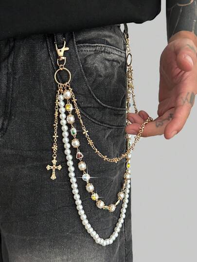1pc Men's Vintage Luxurious Multi-Layer Crystal & Faux Pearl Pants Chain, Cross Body Chain, For Pants Decoration