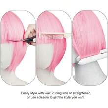 DShort Bob Wig For Women Ago With 2 Hairnets Colored Straight Wigs With Bangs Neon Colorful Synthetic Wig Natural As Real Hair Funny Costume Wigs For Halloween Party Anime Cosplay - Pink - View 5