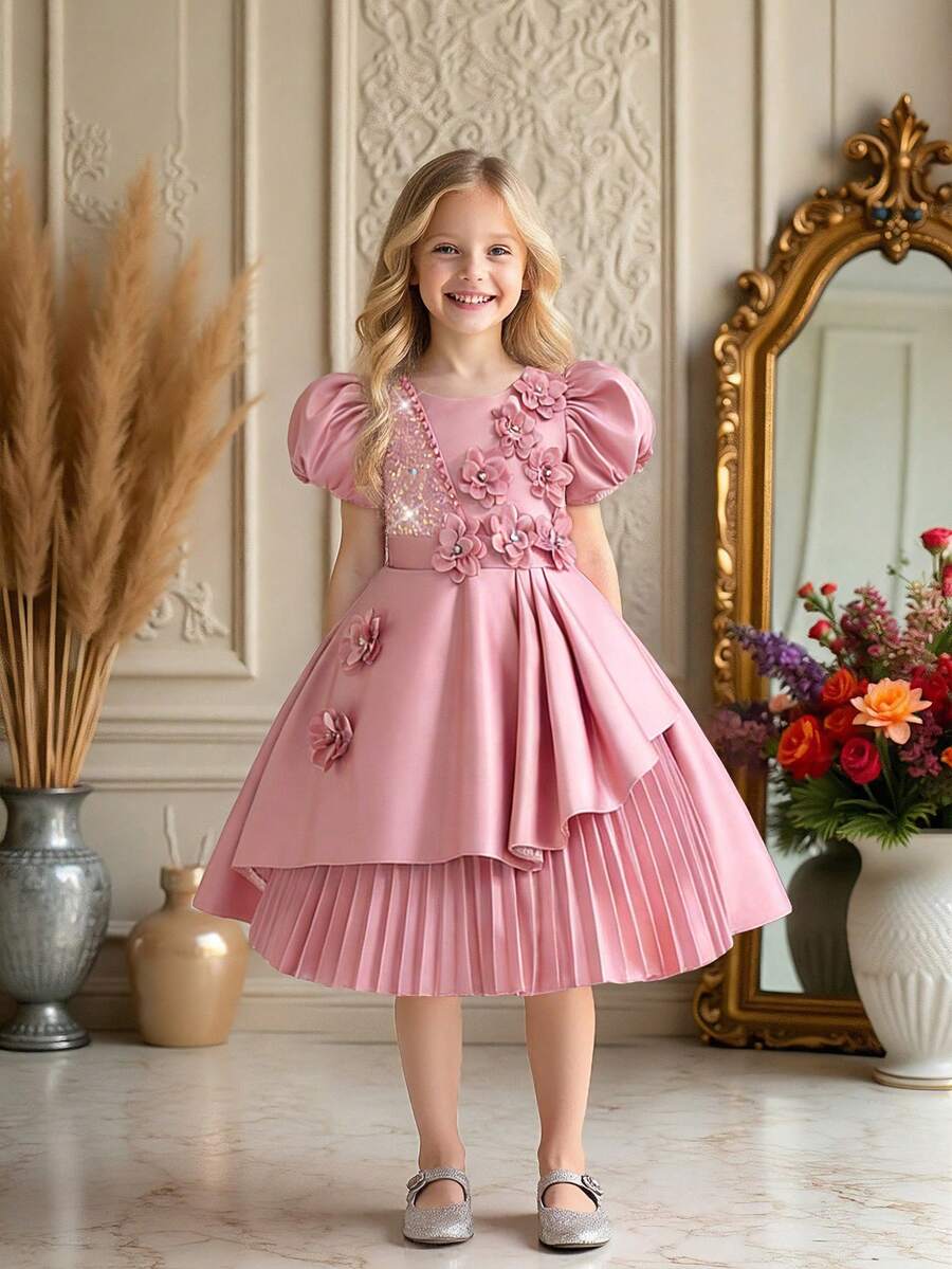 Young Girls' Short Sleeve 3D Floral Sequin Satin Elegant Birthday Party Princess Dress, Suitable For Flower Girl, Wedding, Banquet, Excludes Headband - Bụi hồng - Xem 1