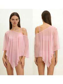 Women Sheer Tops, Solid Irregular Cover-up Loose Summer Clubwear for Street Party - Rosa - Ver 6