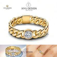 Golden Cuban Chain Ring Zirconia Shining Original Finger Engagement Ring Wedding Ring For Women Fine Jewelry Valentine's Day Gift - Gold - View 10