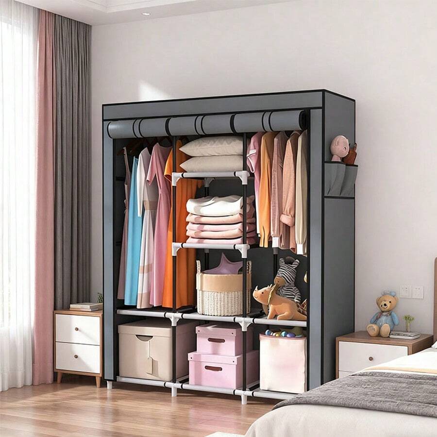 Armario Portátil con Estructura Metálica Resistente, Diseño Compacto para Ahorrar Espacio en Dormitorio, Armario Colgante Portátil para Residencia Universitaria, Cubierta Integrada a Prueba de Polvo, Organizador de Armario Independiente, Fácil Montaje para Ropa, Organizadores de Almacenamiento Prácticos y Resistentes.