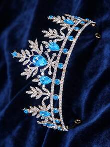 1pc Blue Sapphire Themed Headpiece, Visually Fresh And Bright, Suitable For Fairy-Tale Style, With Golden Frame, Paired With Blue Sapphire Droplets And Full Rhinestone Accents, Featuring Leaf Texture Design, Combining Elegance And Ethereal Charm, Suitable For Children/Teenage Girls' Birthday, Party, Photography, Cosplay (E.G. Ice Princess Character) - Multicolor - View 2