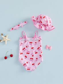 Traje de baño de verano para niña con estampado de fresas, lazos y cerezas, conjunto de diadema y sombrero - Rosa vieja - Ver 2