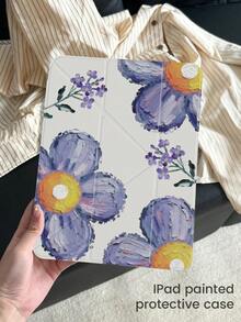 这款精美可爱的卡通水晶紫色油画大花双面彩绘亚克力透明水晶后盖，防震耐用，适用于iPad 7代、8代（10.2英寸）和10代。它内置笔槽，支持睡眠/唤醒功能和多种折叠支架模式。是万圣节和新年礼物的理想之选。 - 彩色 - 查看 3